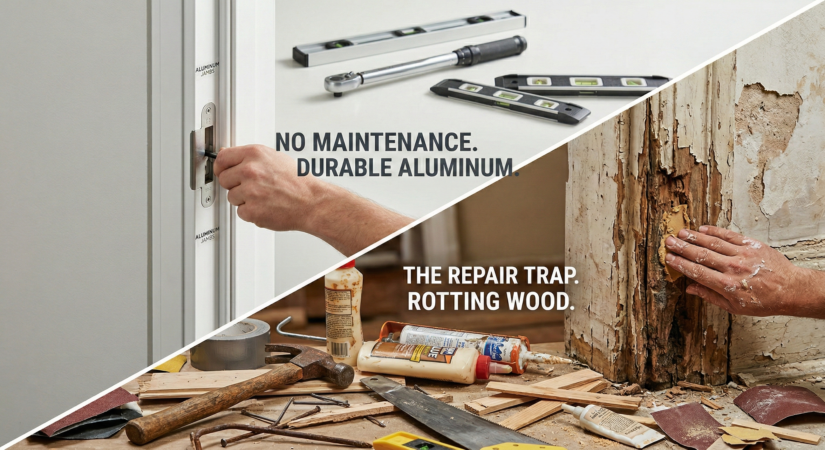A comparison image featuring a hand working with an aluminum door frame on the top half, emphasizing 'No Maintenance. Durable Aluminum.' Below, a hand inspects rotting wood, accompanied by the text 'The Repair Trap. Rotting Wood.'