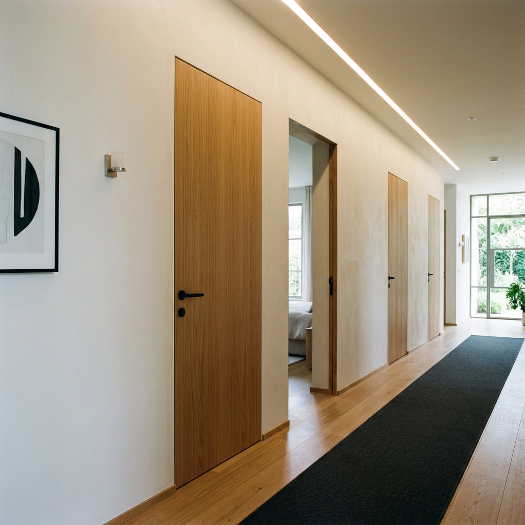 Hallway with wooden doors, white walls, black rug, and large window